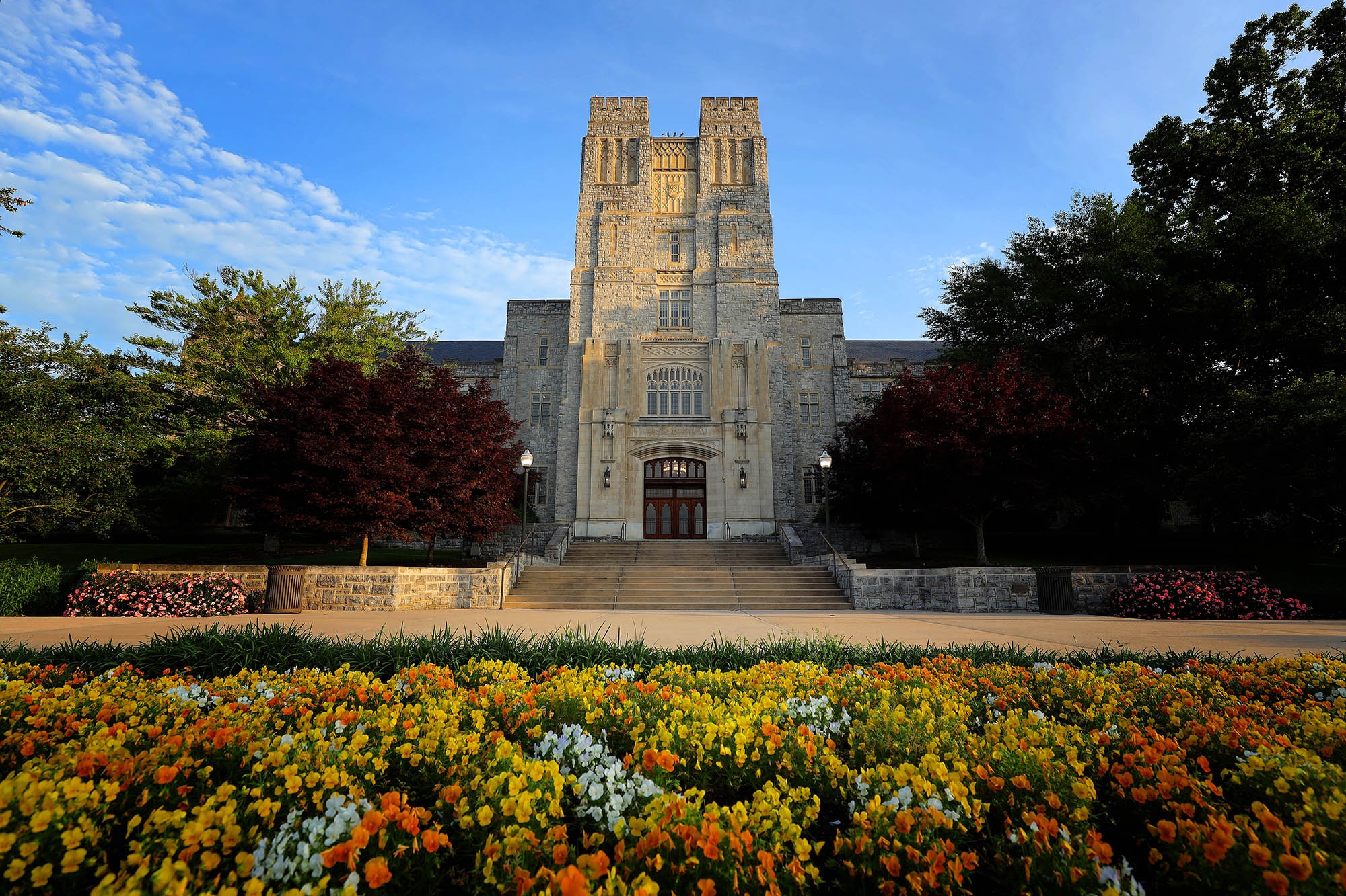 Burruss Hall with flowers in full bloom